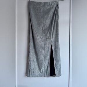Showpo NWT Womens Metallic Silver Bodycon Side Slit Midi Skirt Size 4